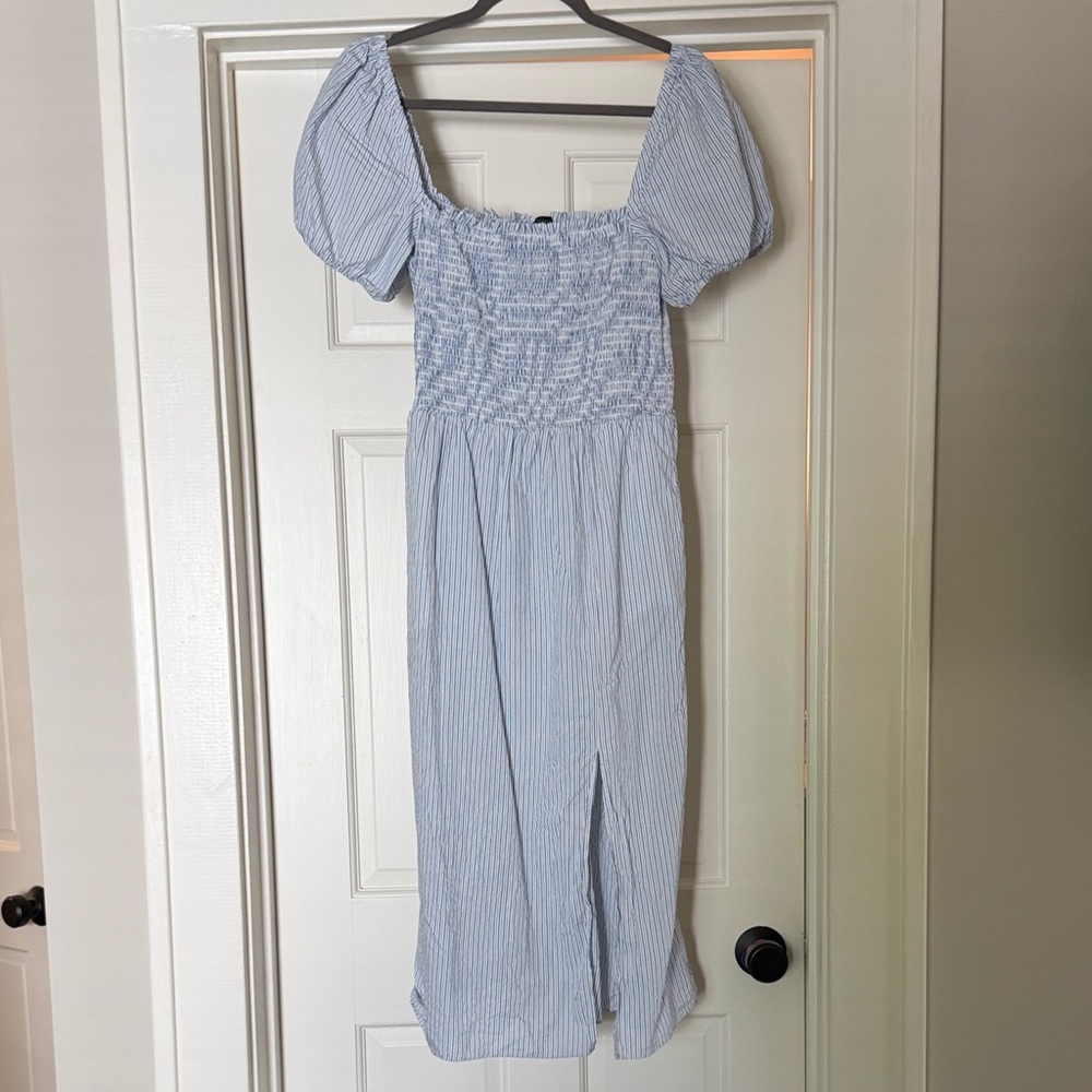 J. Crew Light Blue Striped Smocked Midi Dress
